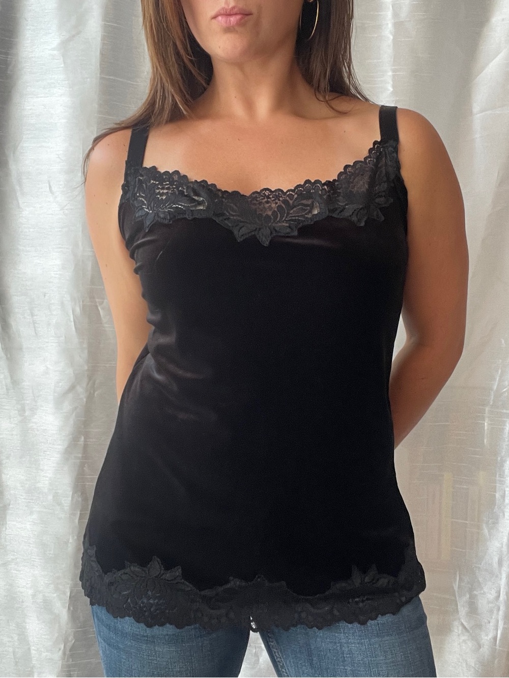 Coldwater Creek Velvet Camisole Women Medium Black Lace Trim Tank Whimsigoth Y2K